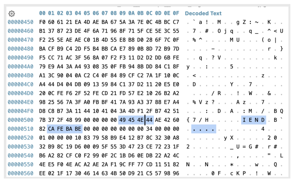 Figure 5: The malicious payload begins after the IEND marker, starting with the magic value CAFEBABE. 